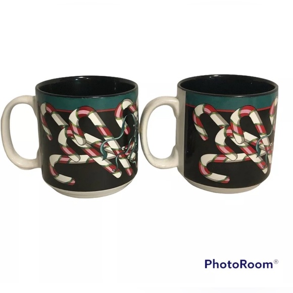 Candy Cane Coffee Mug 1998 Jeanne Beury Potpourri Christmas Bells 12 oz Set Of 2 - Picture 1 of 7